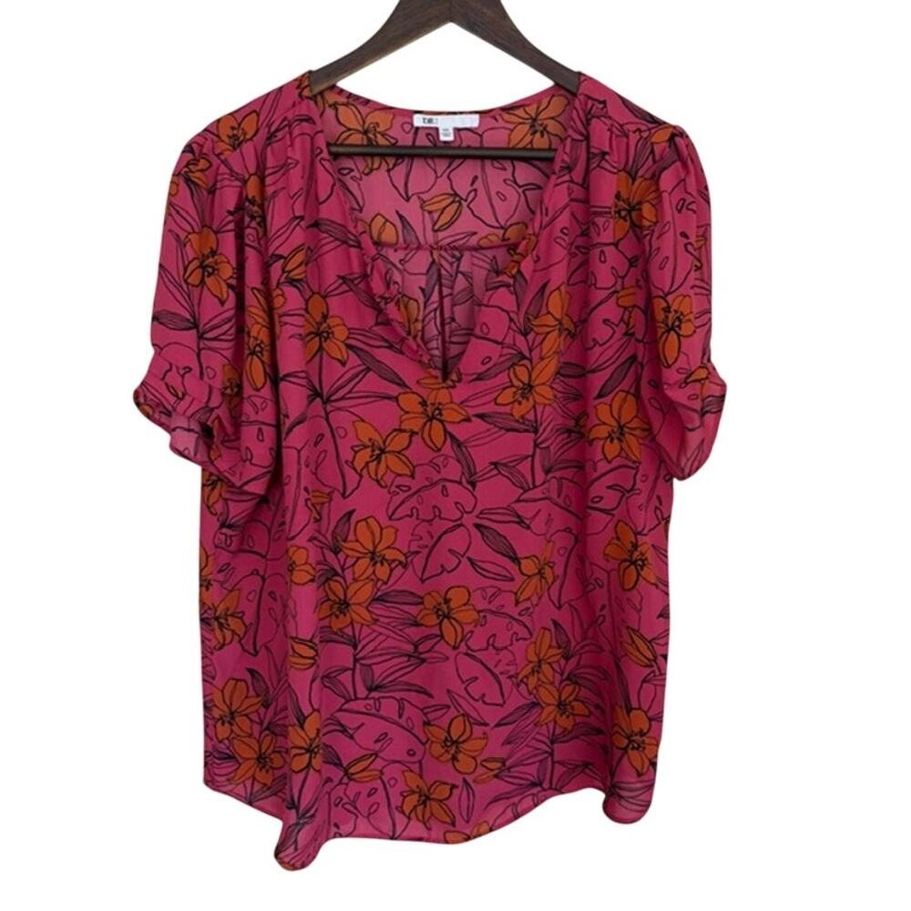 DR2 Hot Pink, Orange and Black Floral Short Sleeve Blouse - XXL